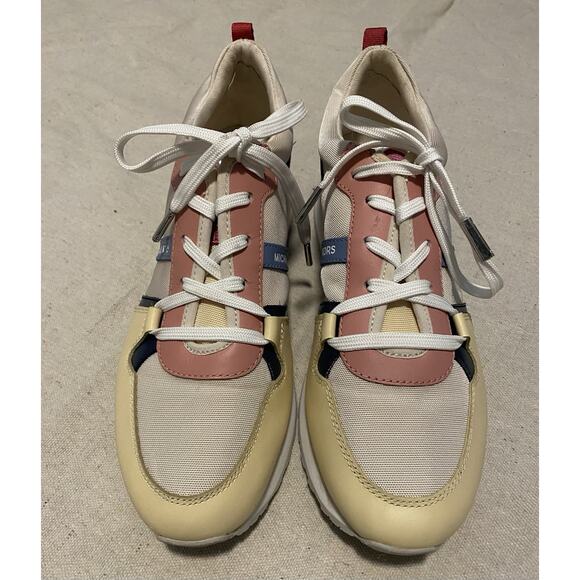 Michael Kors Womens Fashion Sneakers Size 9M MK Logo PVC Faux Leather Pink/Gold - Picture 1 of 10